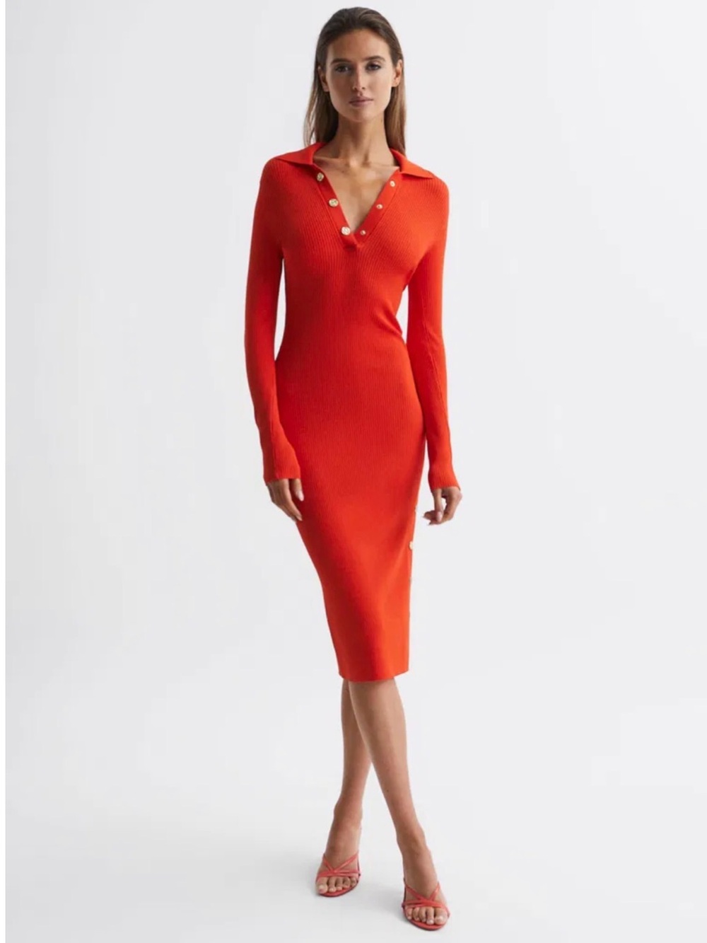Reiss Ribbed Long-Sleeve V-Neck Midi Dress in Bright Orange
